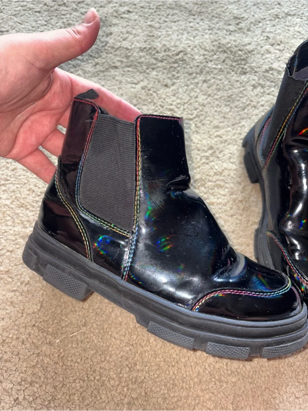 Girls Black Boots with Rainbow Stitching